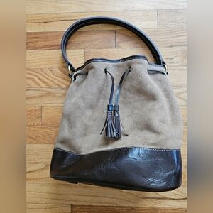 Super Cute Fleece Lined Faux Suede Bucket Handbag Purse Brown